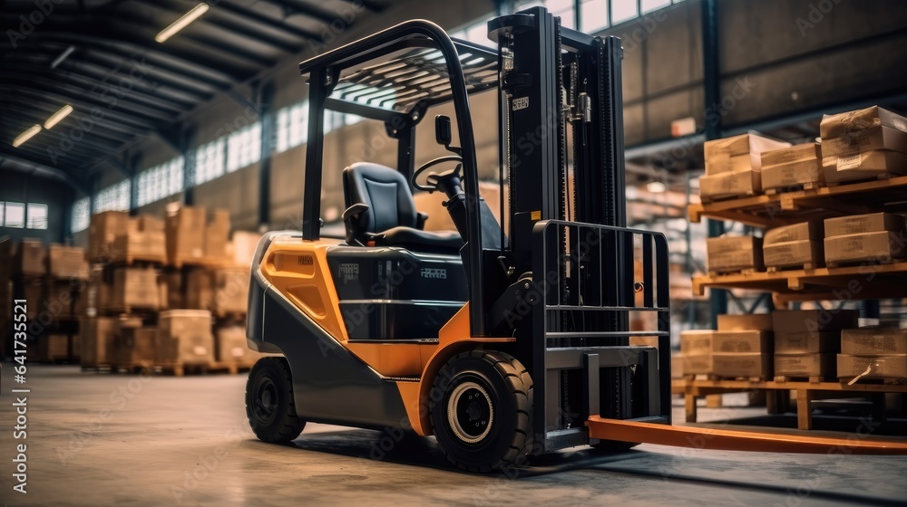 Forklift in a distribution warehouse.