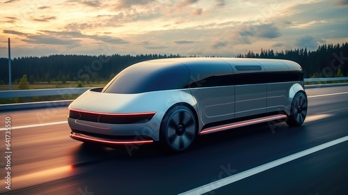 Modern car futuristic self-driving on roads at evening.
