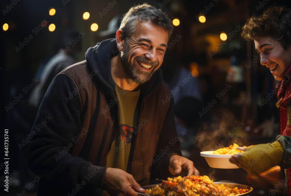A close-up shot of a kind-hearted volunteer serving a warm meal to a person experiencing homelessness, emphasizing compassion and human connection. Generative AI
