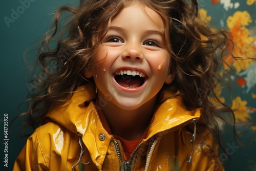 smiling girl wearing yellow raincoat enjoying the rain outdoors