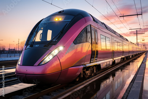 High speed train in motion on the railway station at sunset. Fast moving modern passenger train on railway platform. Railroad with motion blur effect. Commercial transportation.