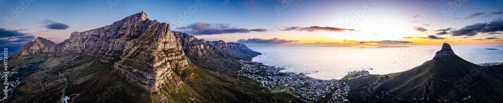 Aerial view of Kloof Corner hike at sunset in Cape Town, western Cape, South Africa