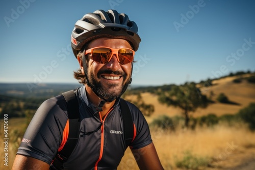 Professional cyclist in black helmet, protective glasses and activewear  riding bicycle © nataliya_ua