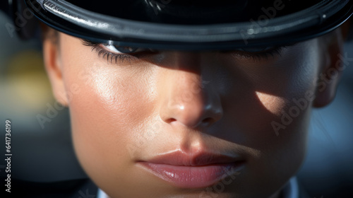 Closeup of female with military hat. Confident, service trained concept © ReneLa/Peopleimages - AI
