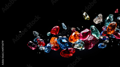Colorful Gemstones or gems such as emeralds, Topaz, Sapphires and diamonds. Isolated on black background with shallow field of view. Concept of wealth and luxury.
