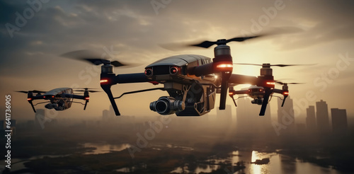 Military drone at sunset, Combat drone in military conflicts. © visoot