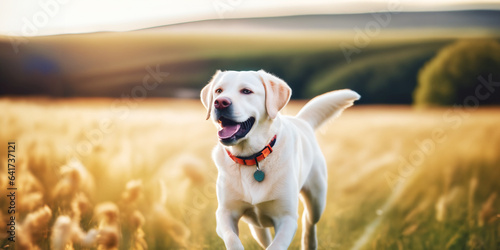 immagine primo piano di cane razza Labrador che corre felice in un campo dai colori dorati photo