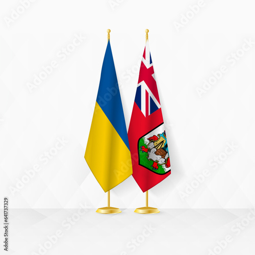 Ukraine and Bermuda flags on flag stand, illustration for diplomacy and other meeting between Ukraine and Bermuda.