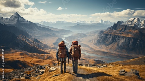 The illustration depicts friends hiking and exploring the mountains together  enjoying nature s beauty and creating lasting memories of their adventurous journey. Generative Ai.