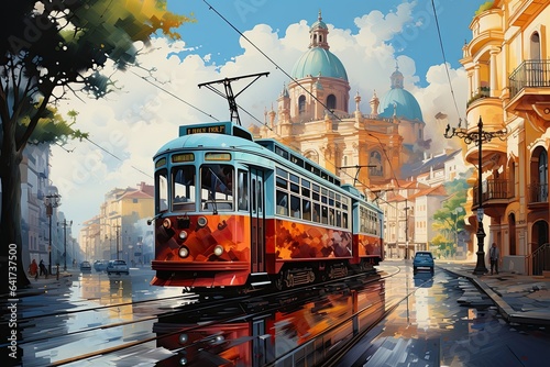 The illustration depicts a tram against a vibrant and colorful background, creating a lively and dynamic urban scene. Generative Ai.