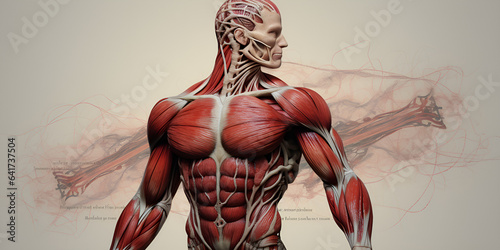 human muscular system, Close-up of male cruciate muscular anatomy, netter\'s style, human body fibers, muscular fibers and veins, blue background,  human muscle without skin, generative  Ai
