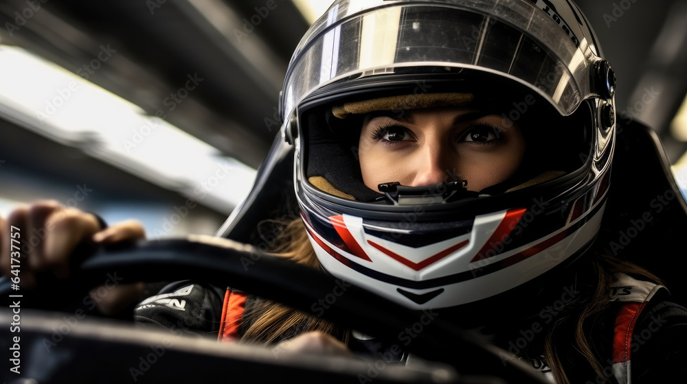 Female race car driver wearing helmet are driving auto on the track.