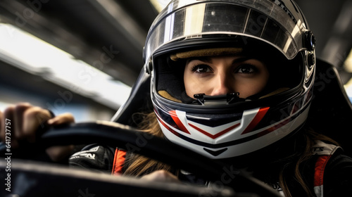 Female race car driver wearing helmet are driving auto on the track.