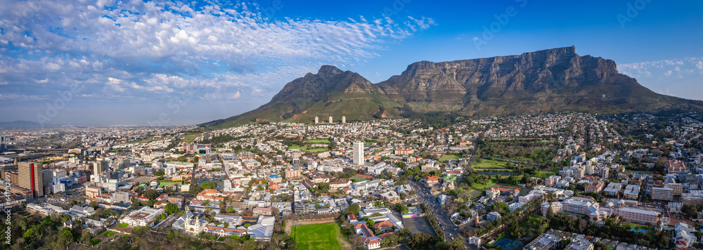 Fototapeta premium Aerial view of Cape Town city centre at sunrise in Western Cape, South Africa