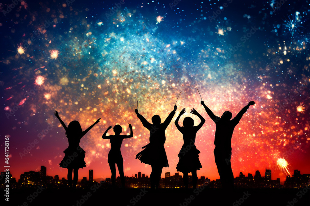 Ai generated image of unidentical people dancing with silhouette image with firework background.
