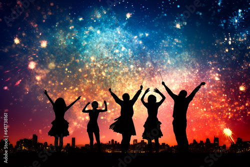 Ai generated image of unidentical people dancing with silhouette image with firework background.