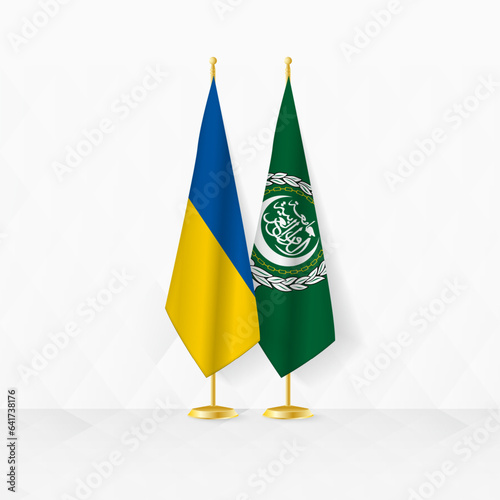 Ukraine and Arab League flags on flag stand, illustration for diplomacy and other meeting between Ukraine and Arab League.