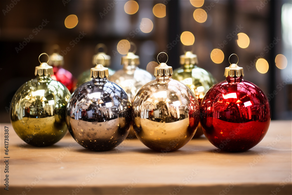 Closeup of Christmas baubles balls on blurred sparkling background Closeup of Christmas baubles balls on blurred sparkling background