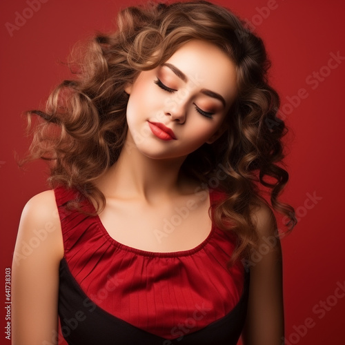 Close up photo of charming girl with her eyes closed sending air kisses having brunette wavy curly hair wearing dress isolated over red background, ai technology