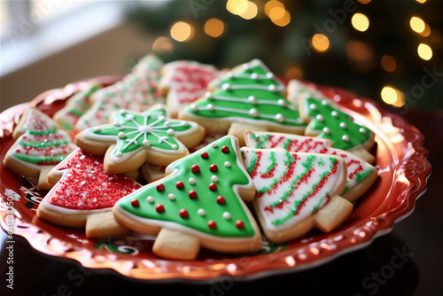 Tasty homemade Christmas cookies on a plate, closeup view