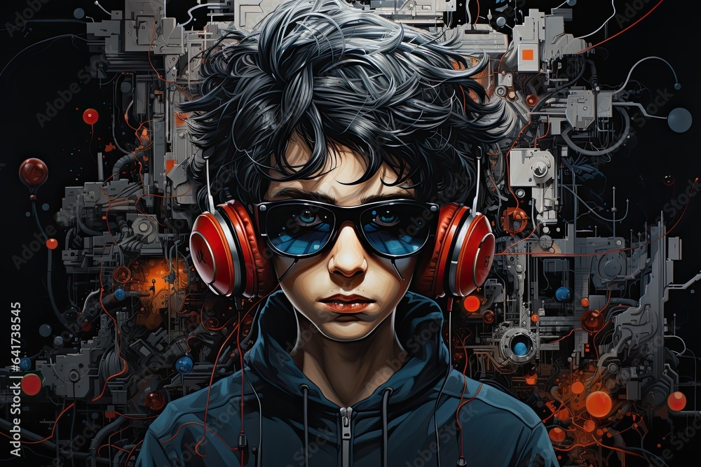 Illustration of a teenager wearing headphones and enjoying music. Generative AI. Illustration of a teenager wearing headphones and enjoying music. Generative AI.