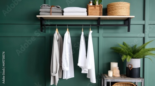 Shelving unit with clothes, Towels and plant in modern bathroom. © visoot