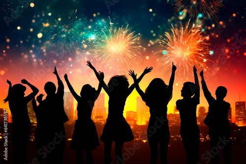 Ai generated image of unidentical people dancing with silhouette image with firework background.