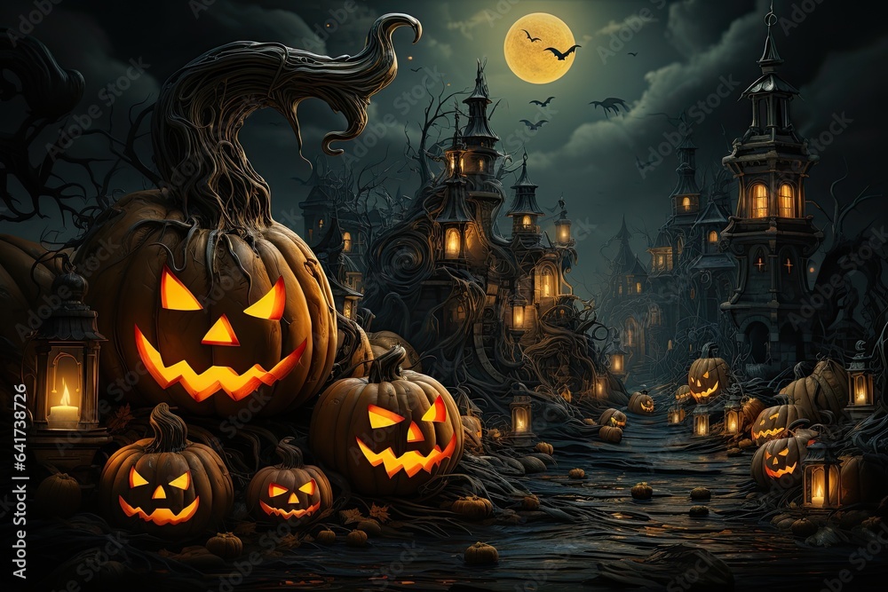 Halloween background with pumpkin and bats. Generative AI.