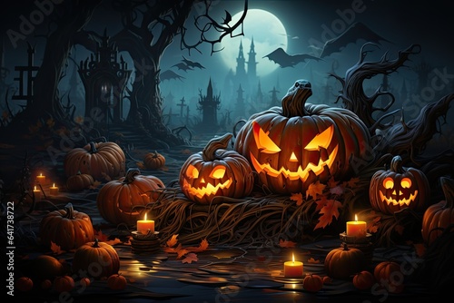 Halloween background with pumpkin and bats. Generative AI.