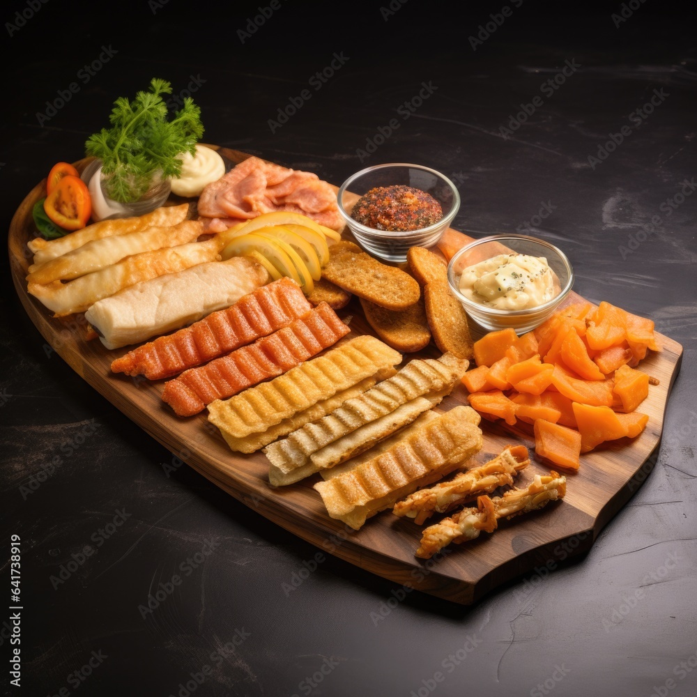 Assorted fish and chips on a wooden board on a black background. Assorted fish and chips on a wooden board on a black background.