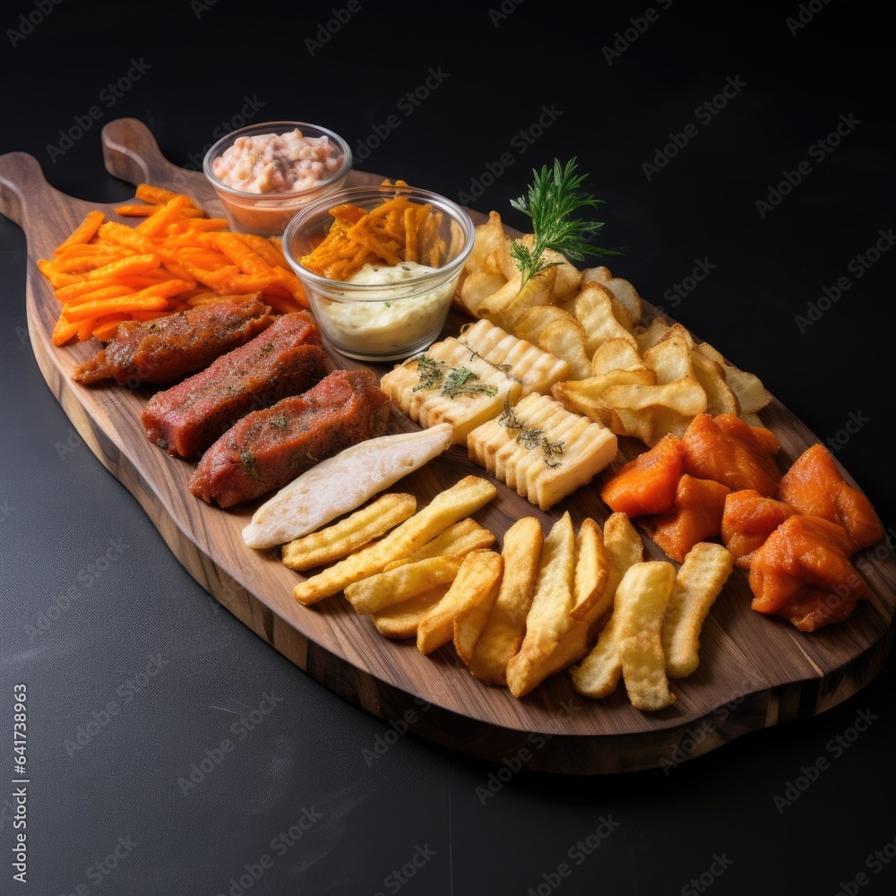 Assorted fish and chips on a wooden board on a black background. Assorted fish and chips on a wooden board on a black background.