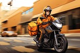 The illustration shows a fast food delivery driver on a motorcycle. Generative Ai.