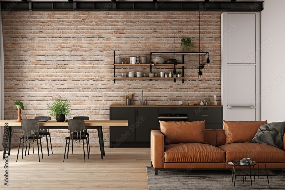 Wall mockup in loft, kitchen in industrial style ,3d render, Generative AI - obrazy, fototapety, plakaty 