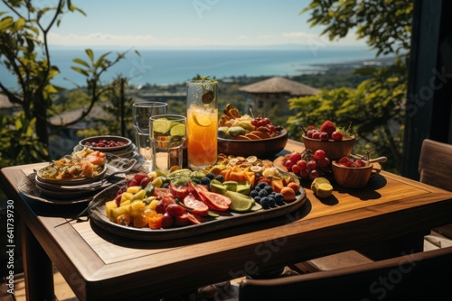 Plate of assorted fruit on the table with sea view in background. 