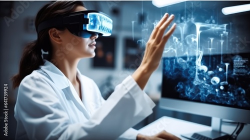 Scientist woman wearing a VR headset and interacting with virtual reality in the science lab, Interacting with virtual reality, Science, chemistry, technology.