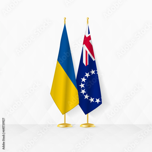 Ukraine and Cook Islands flags on flag stand, illustration for diplomacy and other meeting between Ukraine and Cook Islands.