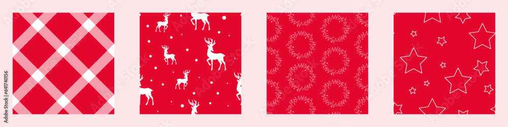 White on Red Festive Christmas Seamless Vector Patterns: Reindeer, Wreaths, Stars, and Diamonds Check Digital Wrapping Paper