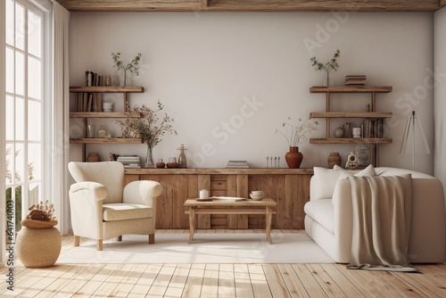 Cozy farmhouse living room interior, 3d render, Generative AI