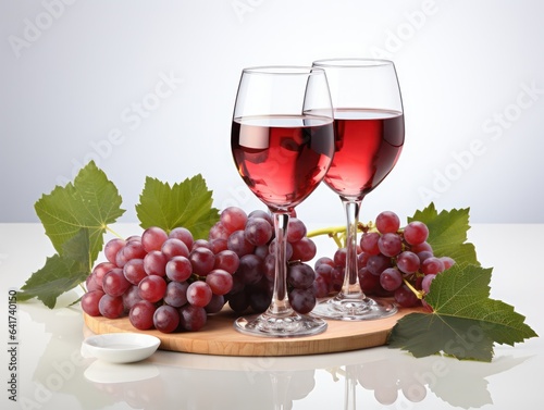 A glass of grape juice with a bunch of grapes on a white background. 