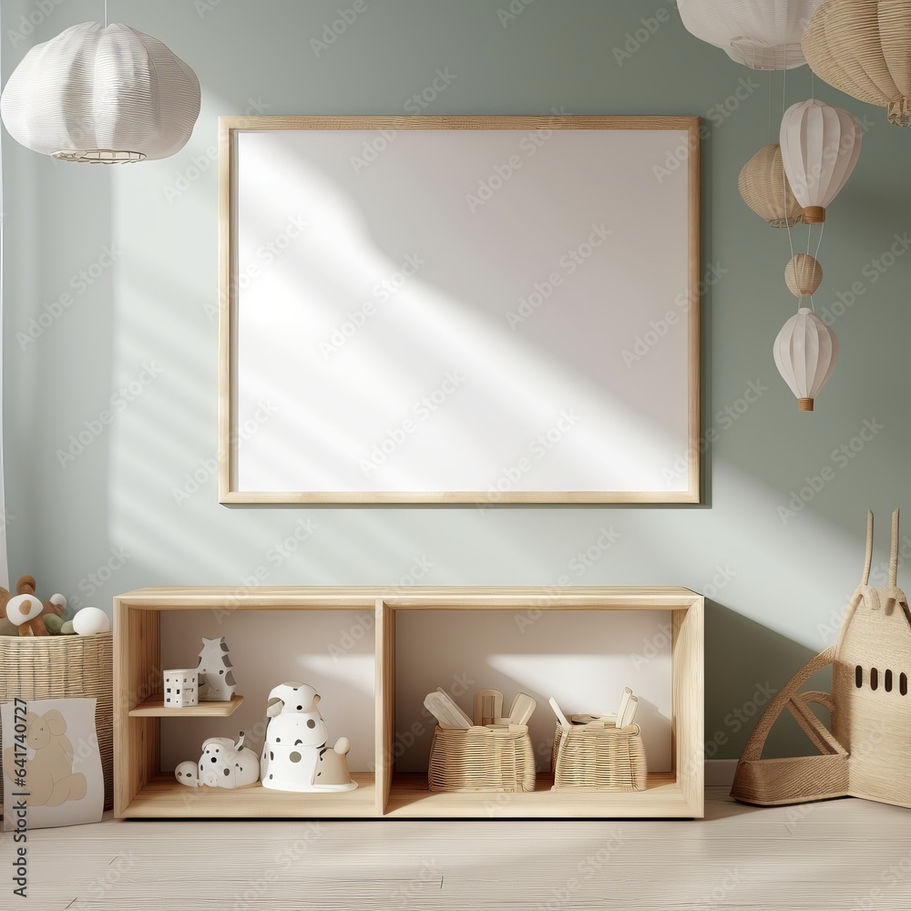 Horizontal wooden frame mock-up in children room with natural wooden furniture and toys, 3D render, Generative AI Horizontal wooden frame mock-up in children room with natural wooden furniture and toys, 3D render, Generative AI