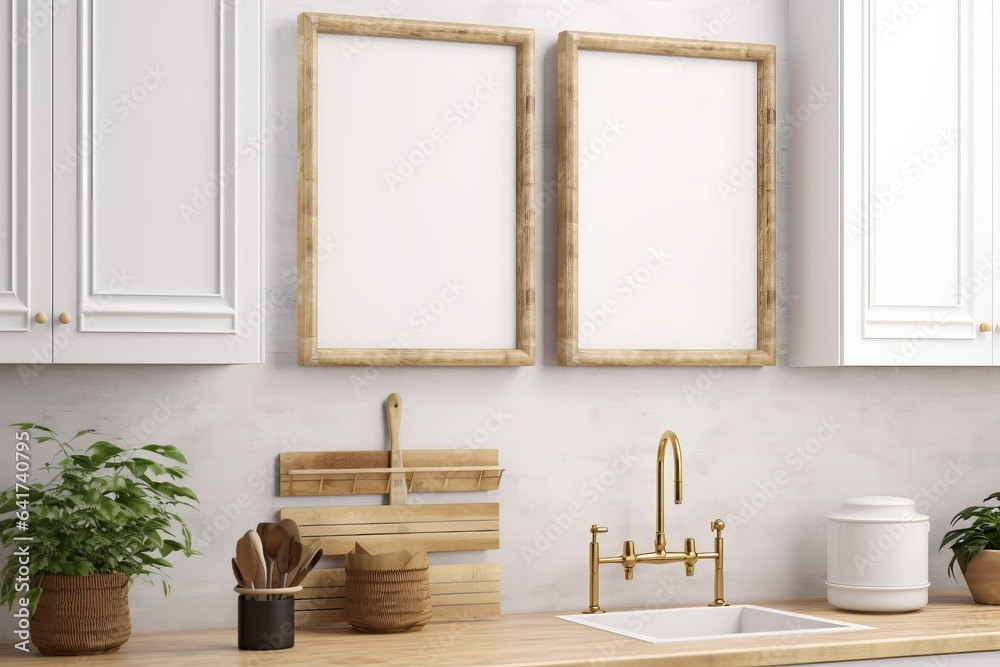 Fototapeta premium Frame mockup in kitchen room interior, 3d render, Generative AI