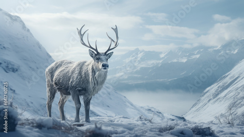 a white deer in winter in the mountains