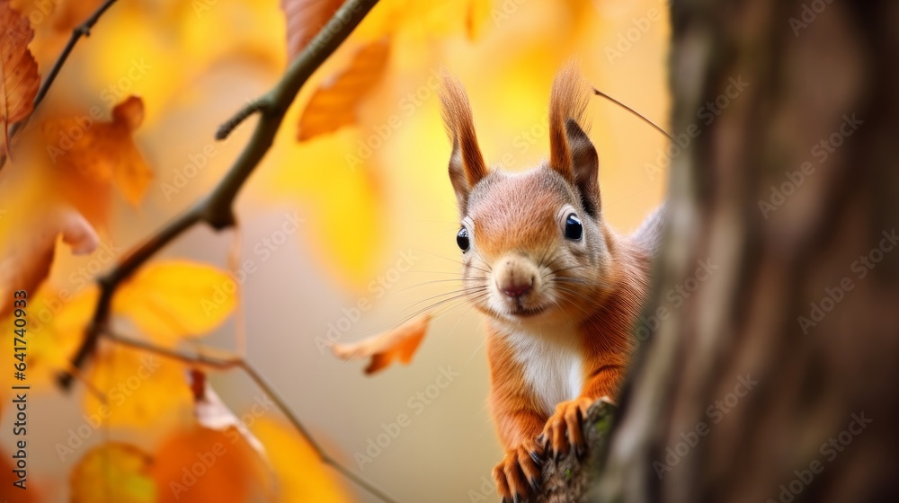 Observing from the rear of a tree, the Eurasian red squirrel (Sciurus ...
