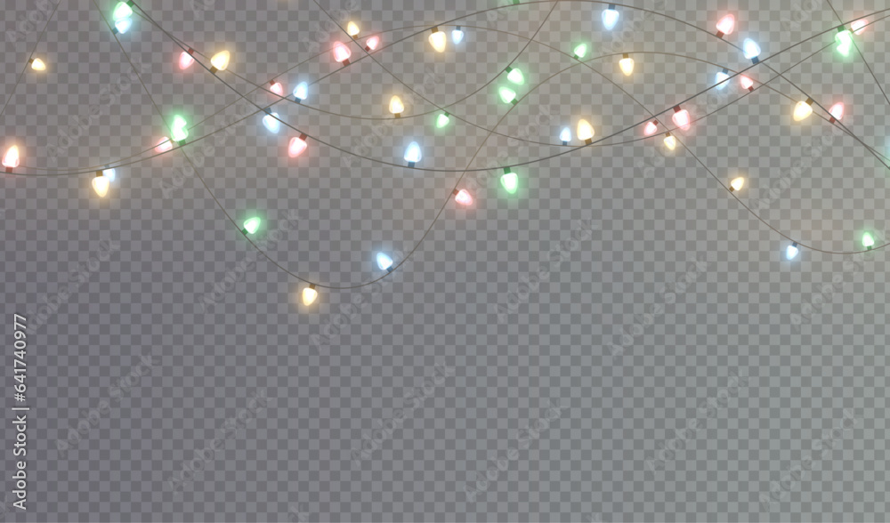 Festive Christmas light gold garlands PNG. Decor element for postcards, invitations, backgrounds, business cards. Winter new collection 2023.
