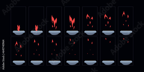 The witch's cauldron with fire spark  animation set. 2d cartoon fire animated sprite sheet frames.