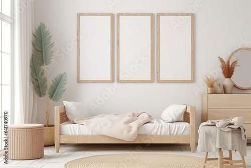 Mock up frame in children room with natural wooden furniture, Farmhouse style interior background, 3D render, Generative AI