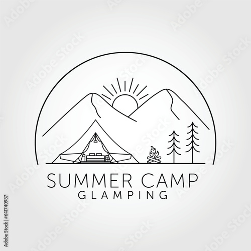 Summer Camp. Glamping logo line art vector illustration design