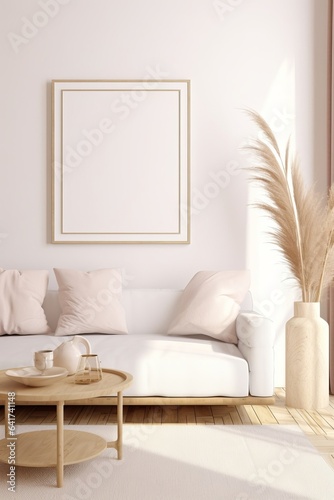 Mockup frame in interior background, room in light pastel colors, Scandi-Boho style, 3d render, Generative AI
