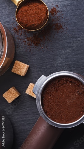 Coffee beans with spoon and glass ready to be served