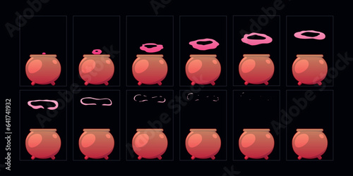 The witch's cauldron with pink smoke animation set. 2d cartoon smoke animated sprite sheet frames.